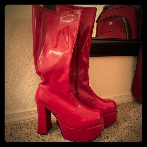 red knee high platform boots